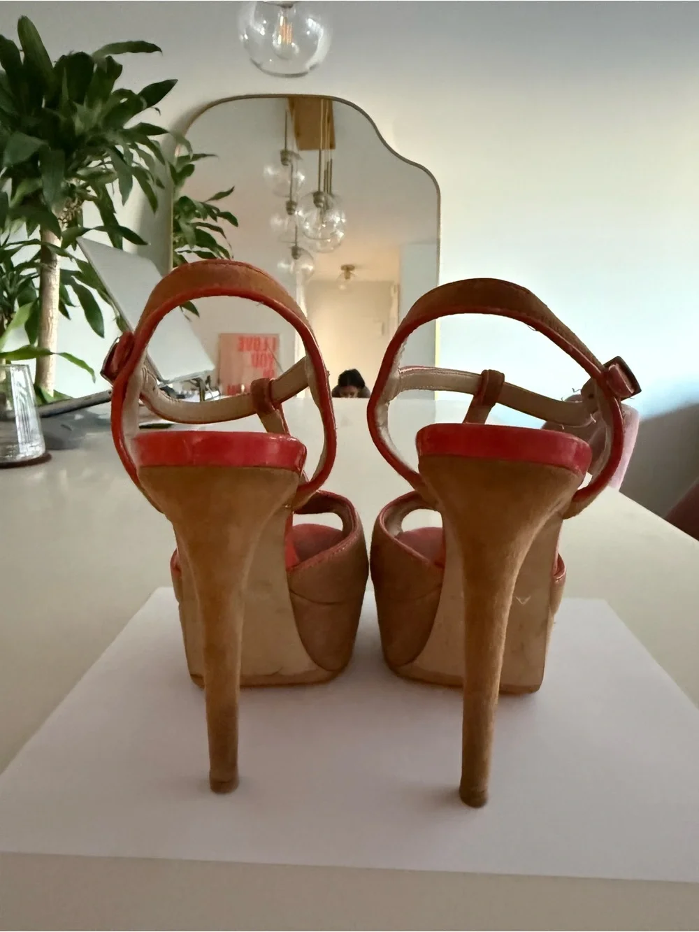 Aldo T-Strap Suede Platform Sandals in Brown with Orange Trim